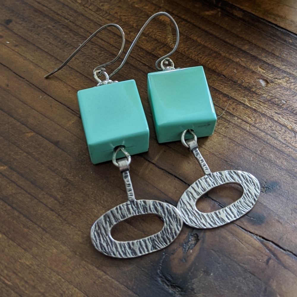Sterling Silver And Italian Murano Opaque Aqua Glass Dangle Earring